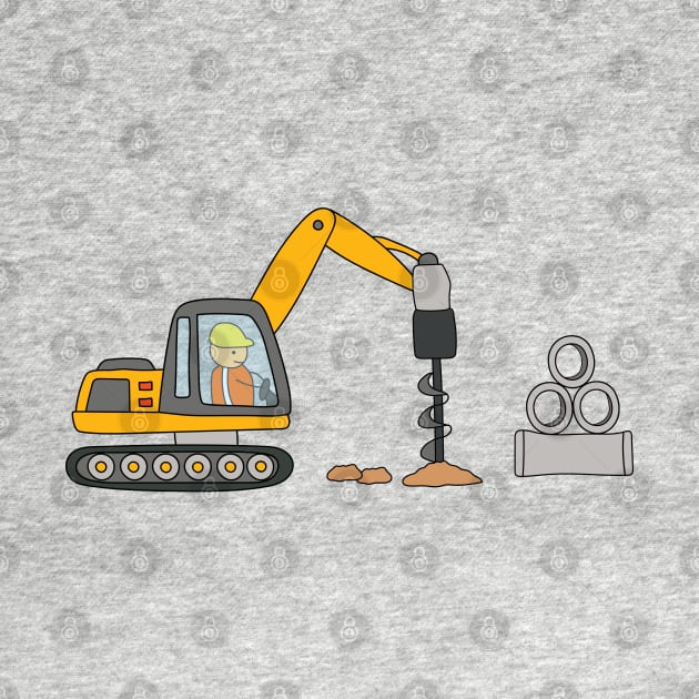 Kids drawing construction site with drill excavator with pile of huge pipes by wordspotrayal